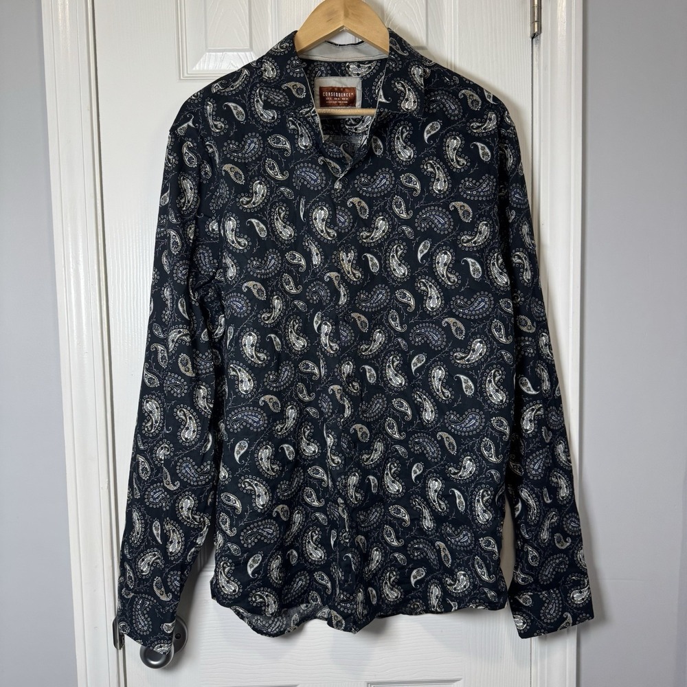 Consequence Men's Navy Blue Paisley Print Long Sleeve Button Up‎ Shirt Size XL
